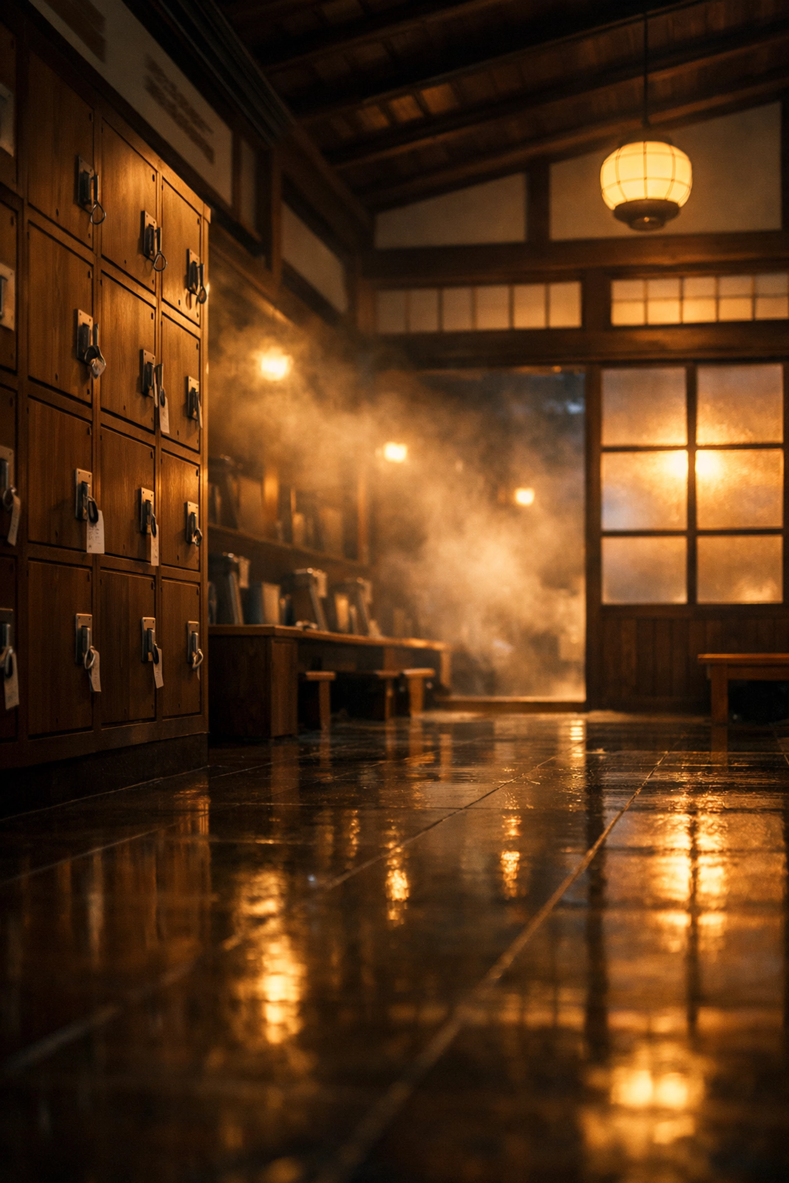 Traditional Japanese sento bathhouse interior with wooden lockers in Tokyo