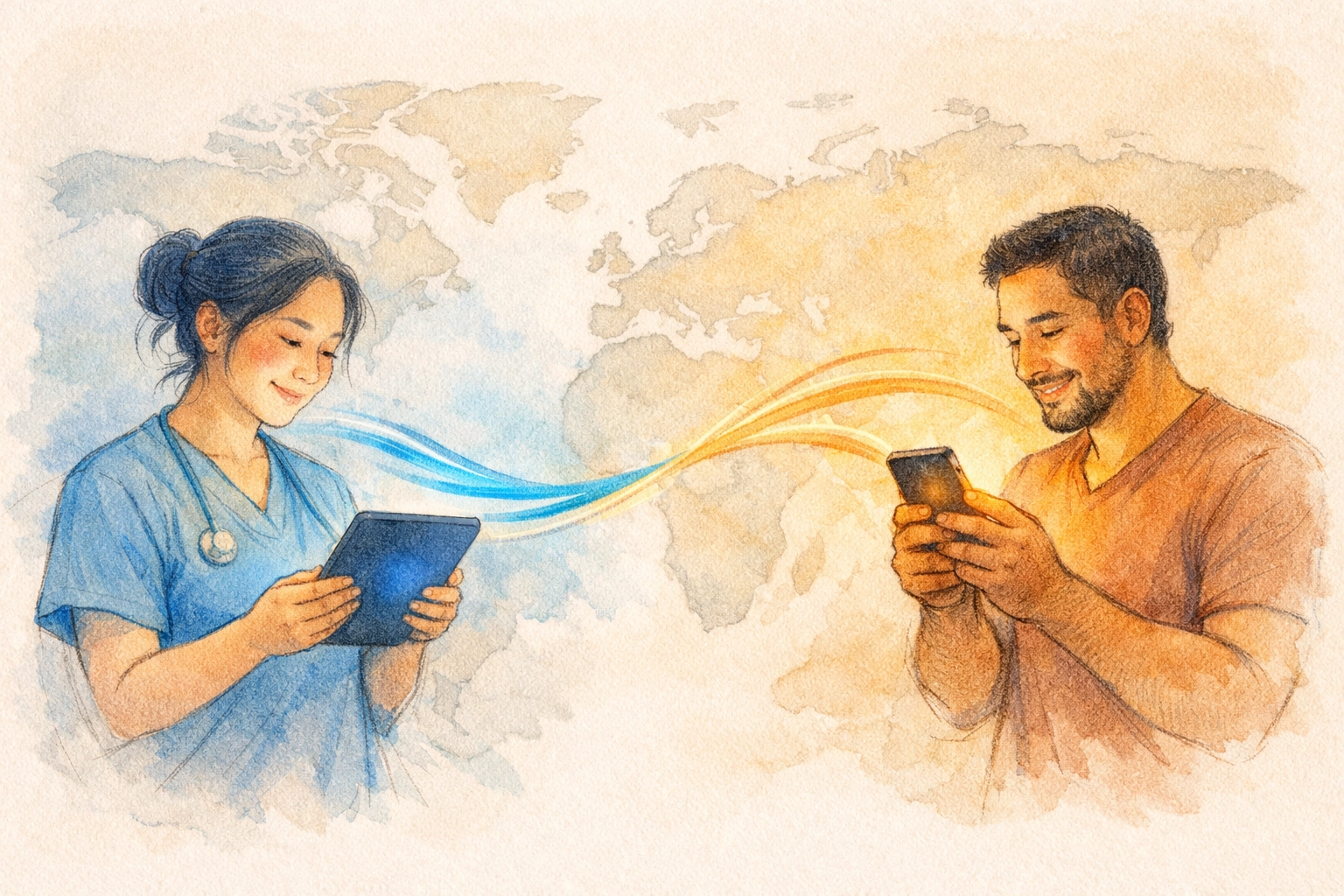 Two people connecting globally through online church translation technology across continents