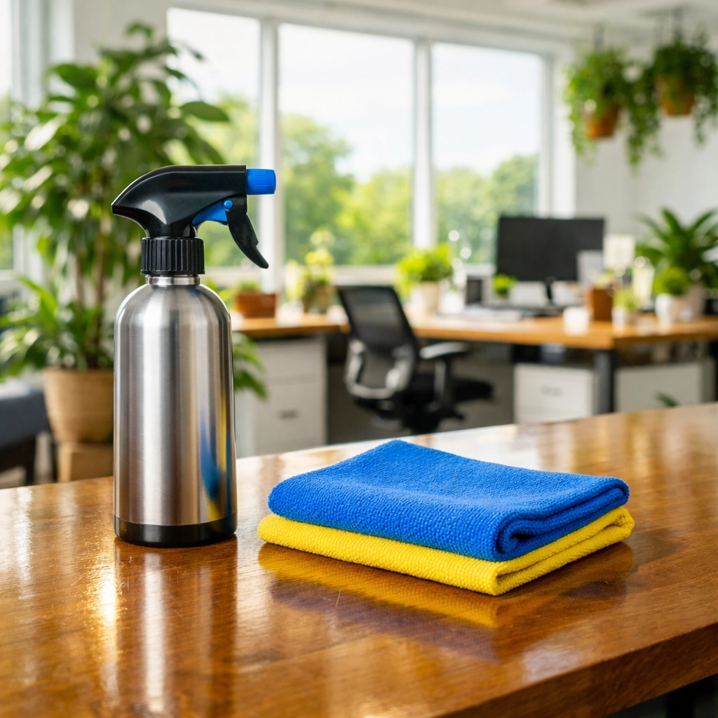 Eco-friendly office cleaning supplies on a polished wooden table in a bright workspace.