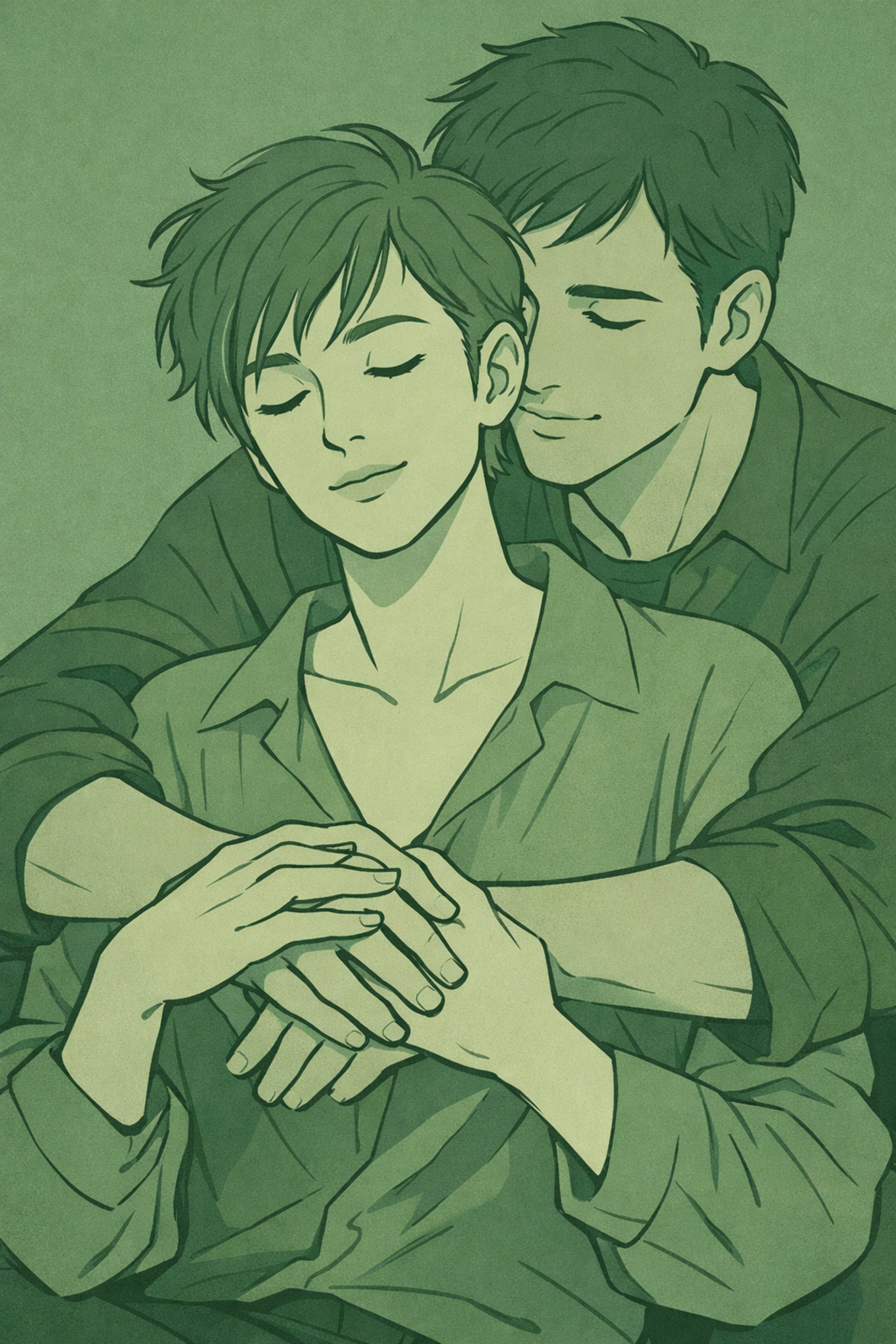 Minimalist drawing of a non-binary individual and their male partner embracing, representing queer identity and self-love.