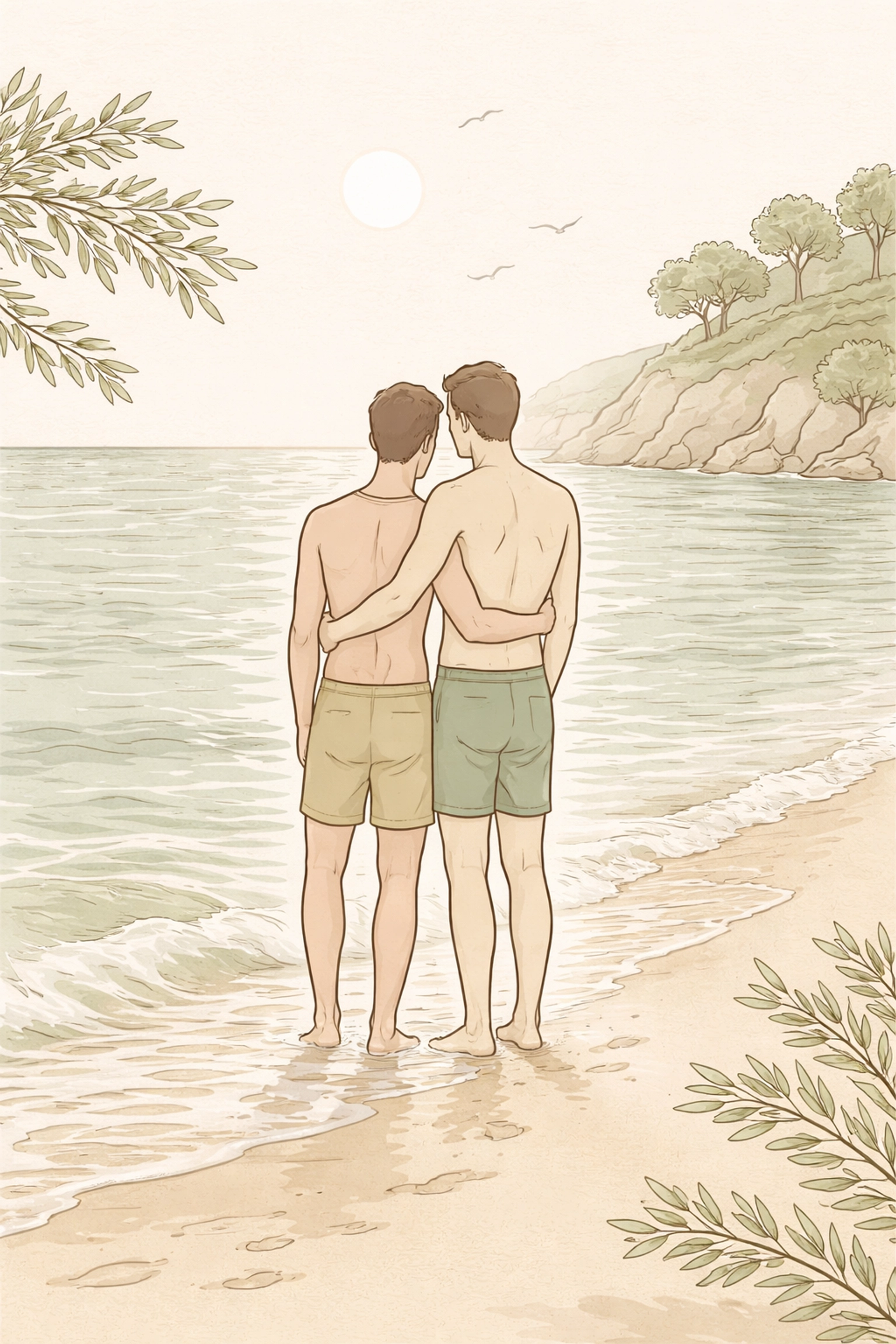 Illustration of two men embracing on a Mediterranean beach, symbolizing body-positive gay romance and freedom in nudism fiction.