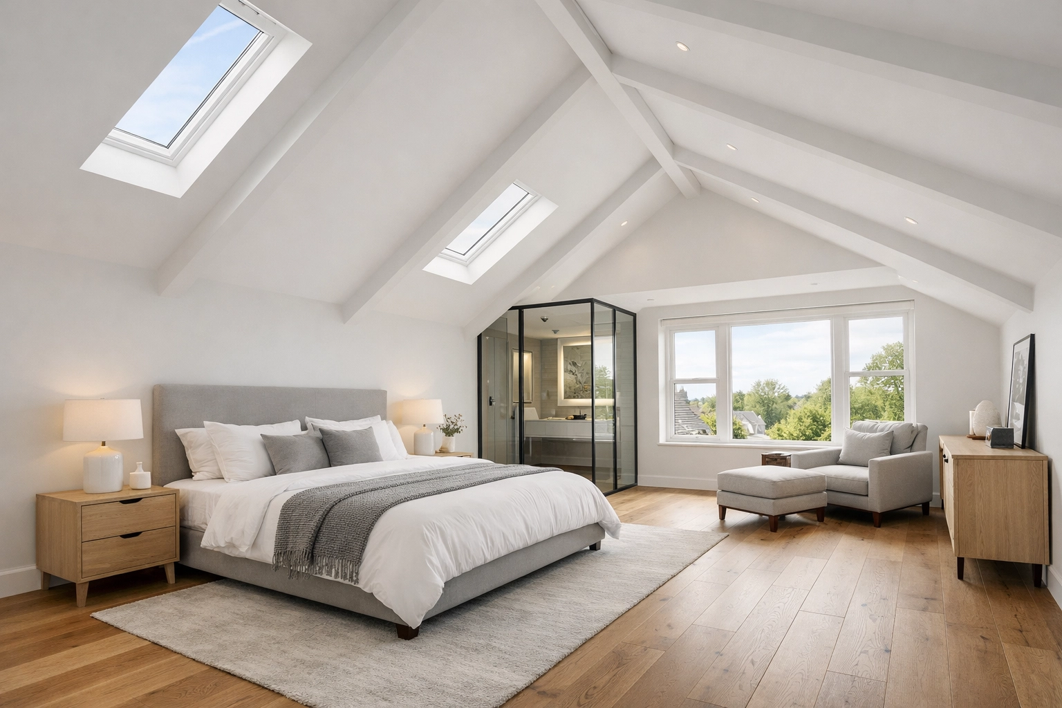 Master suite loft conversion in Surrey featuring vaulted ceilings and expert structural engineering.