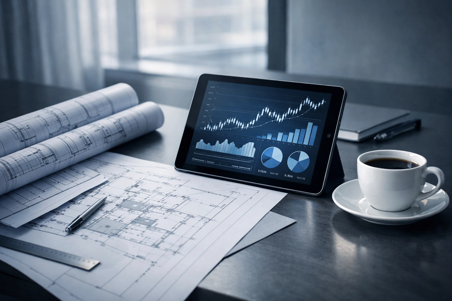 Business planning workspace with financial graphs and strategic valuation documents