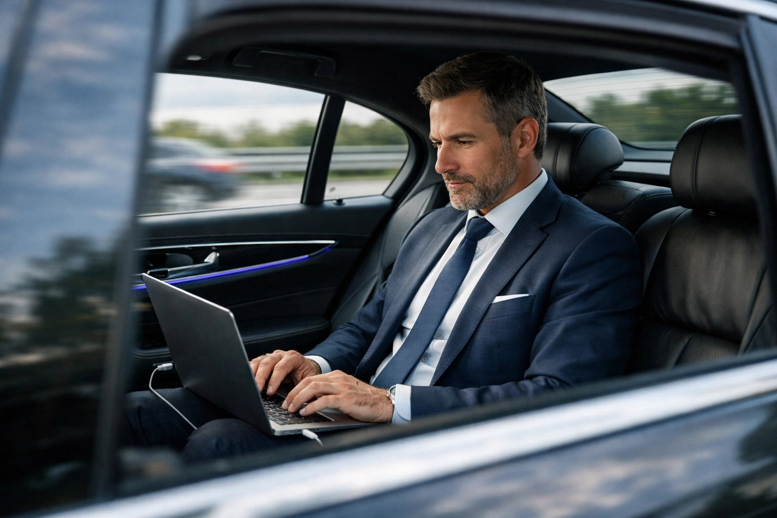 Business executive working in luxury car during corporate transportation service