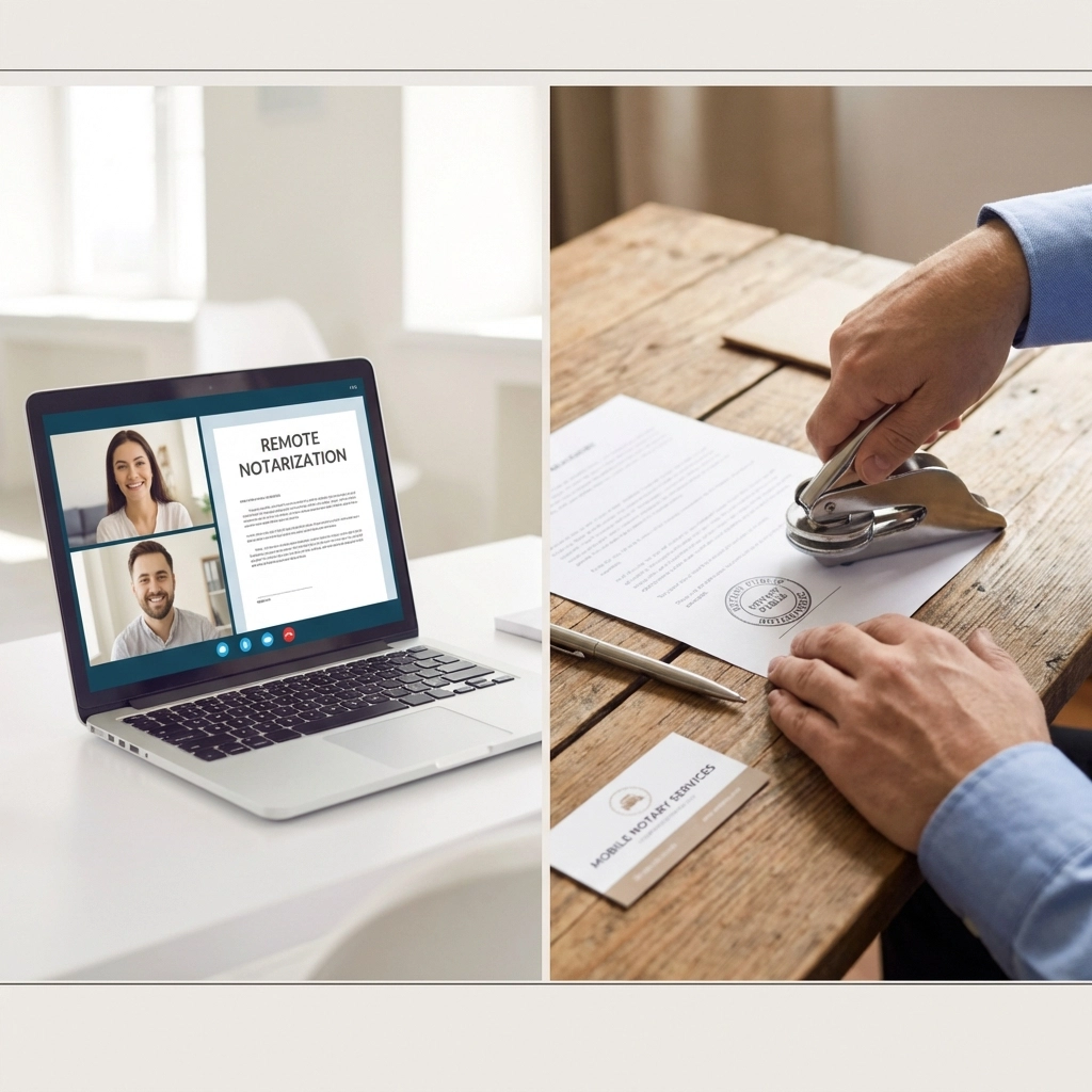 Split view showing remote online notarization and in-person mobile notary service for Alaska documents.