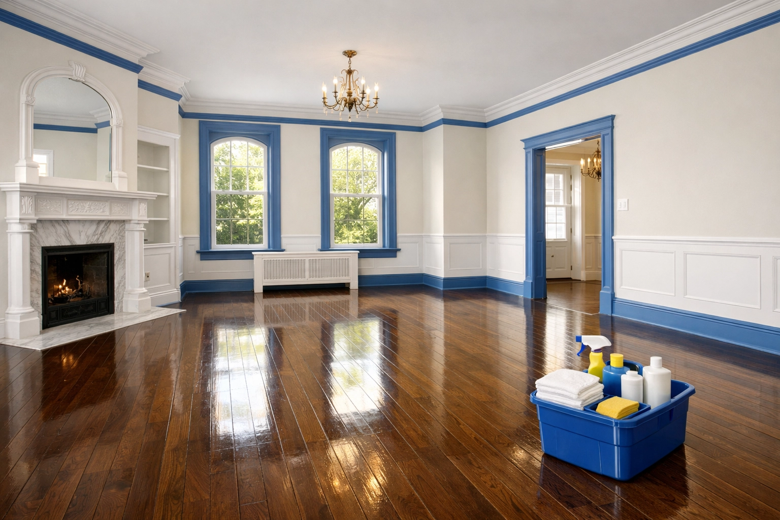 Spotless living room after a professional move-out cleaning Worcester with polished hardwood floors.