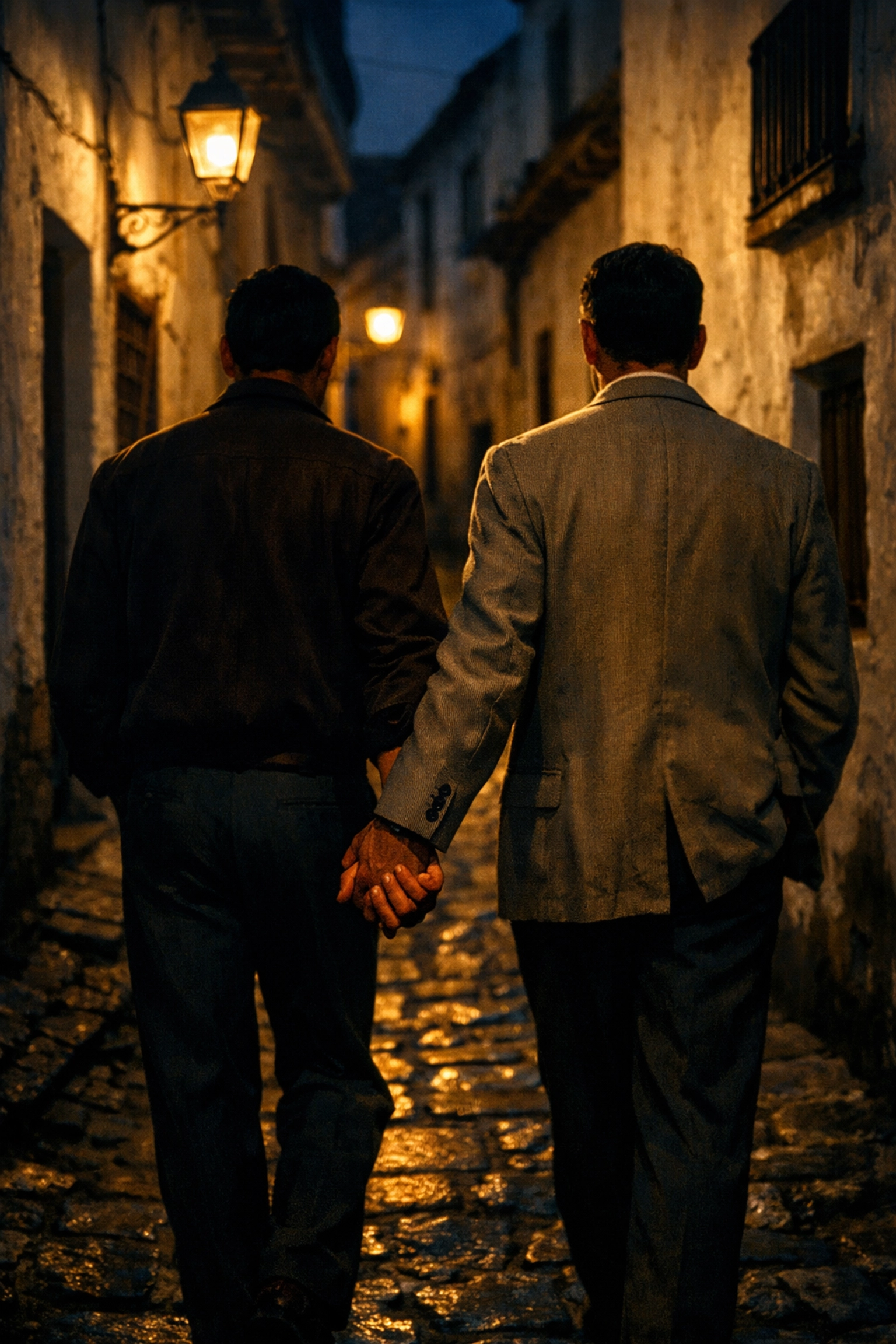 Two men holding hands in 1960s Sitges during Franco era, gay Spain historical survival