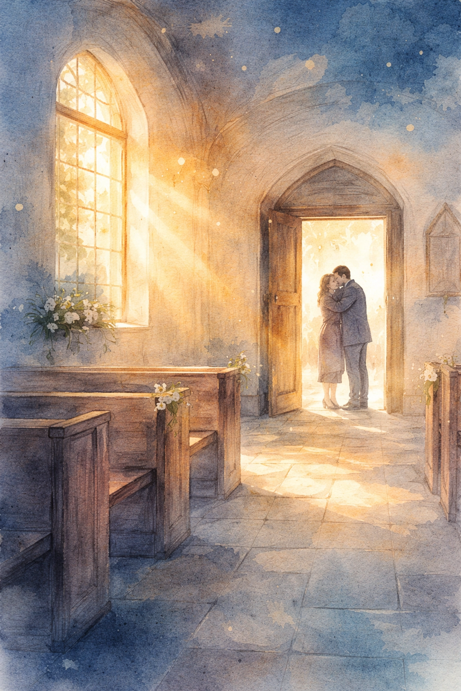 Warm watercolor illustration of two people embracing in a sunlit church hallway, symbolizing connection in a faith community Memphis setting