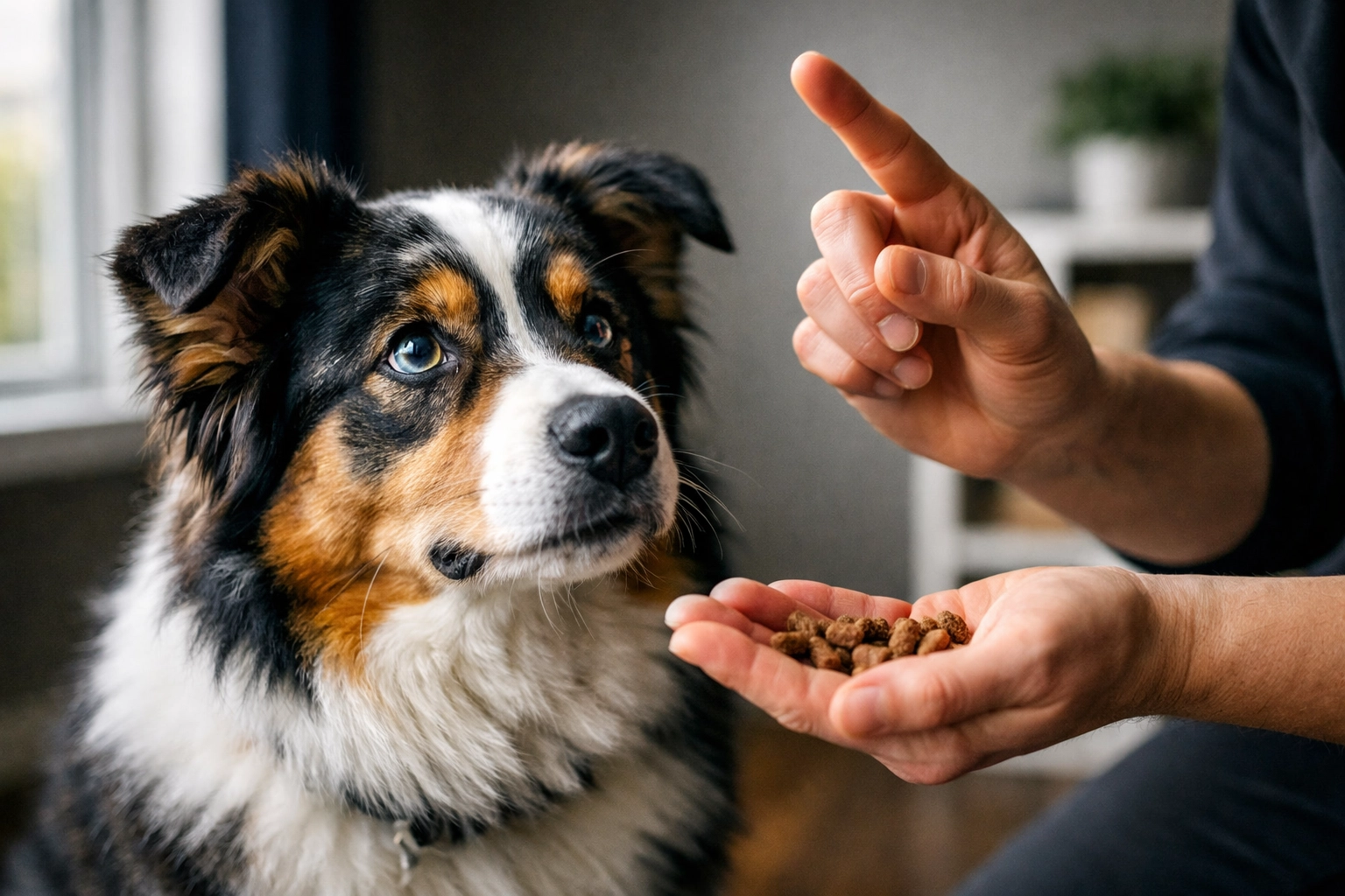 Professional dog training session with treats in Saskatchewan home