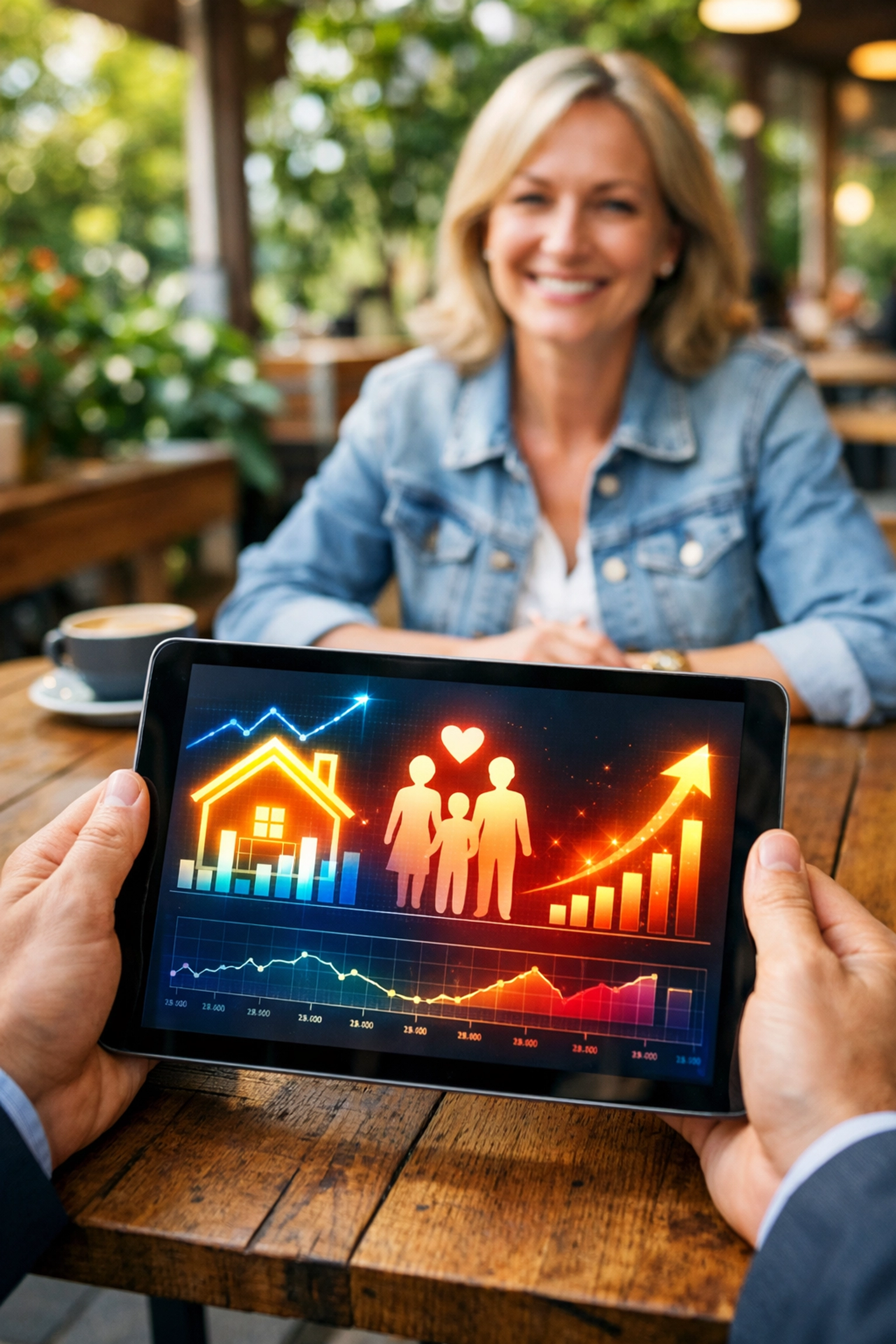 POV of salesperson using AI data insights on a tablet before meeting a client at a cafe.