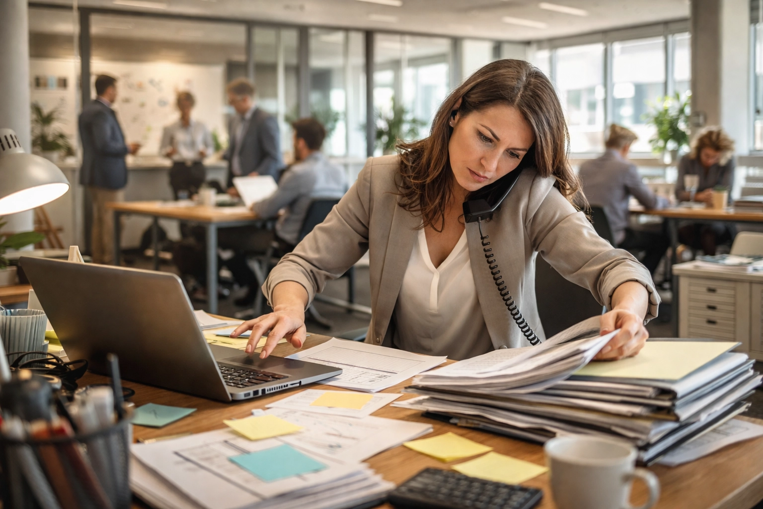 Busy Office Manager multitasks at a cluttered desk while executives discuss strategy nearby.