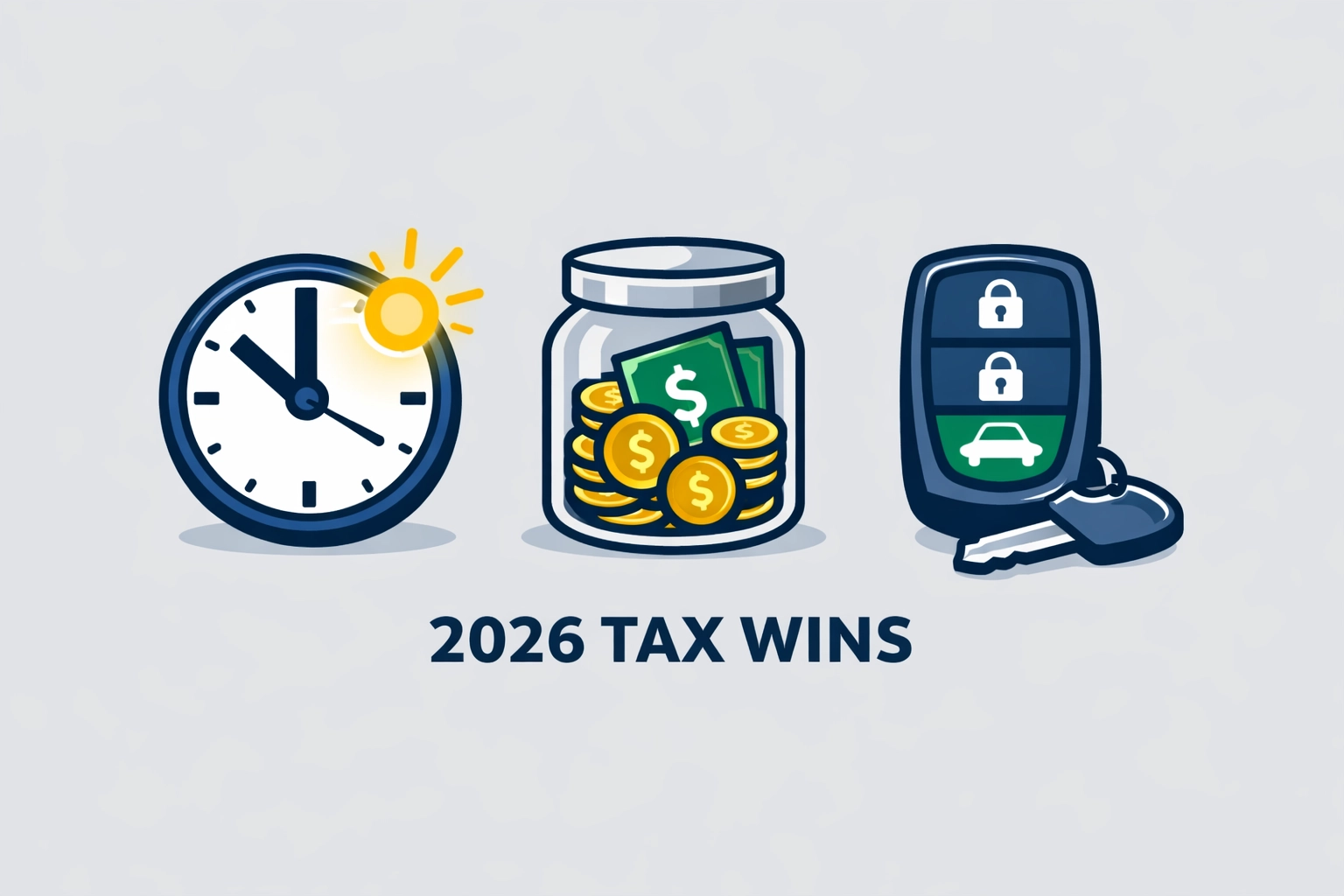 Modern icons for 2026 tax deductions like overtime and vehicle interest to maximize your tax refund.