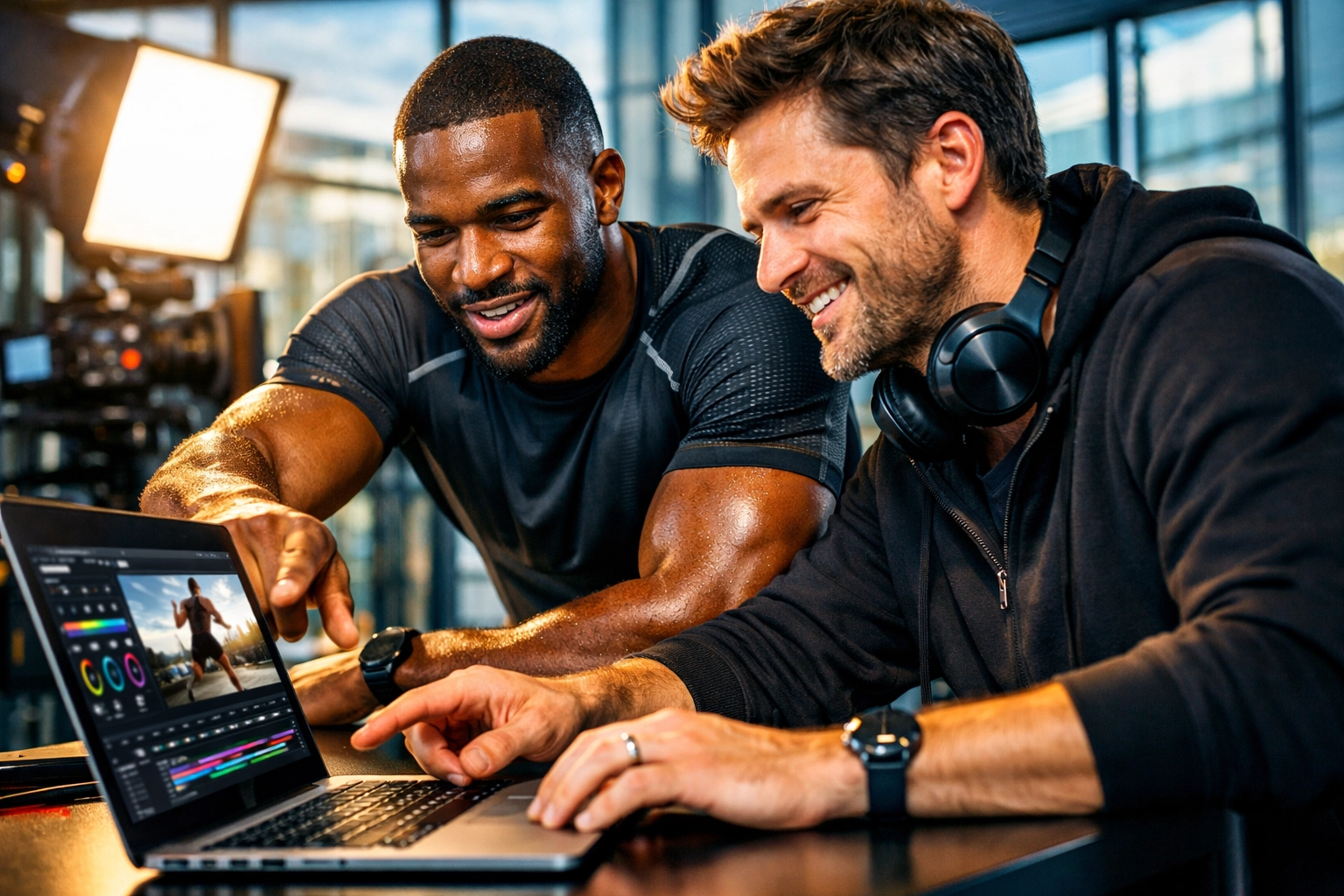 A professional athlete and digital marketing expert collaborating on high-performance NIL brand content.