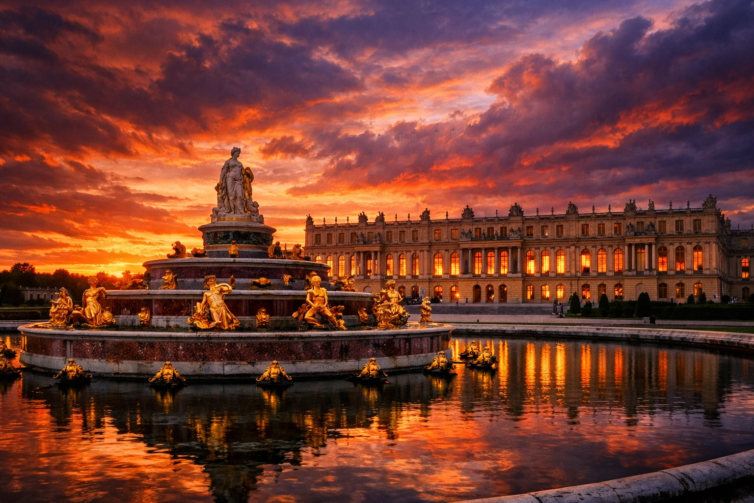 Sunset over the Palace of Versailles gardens and fountain, a stunning photo spot for landscape photography.