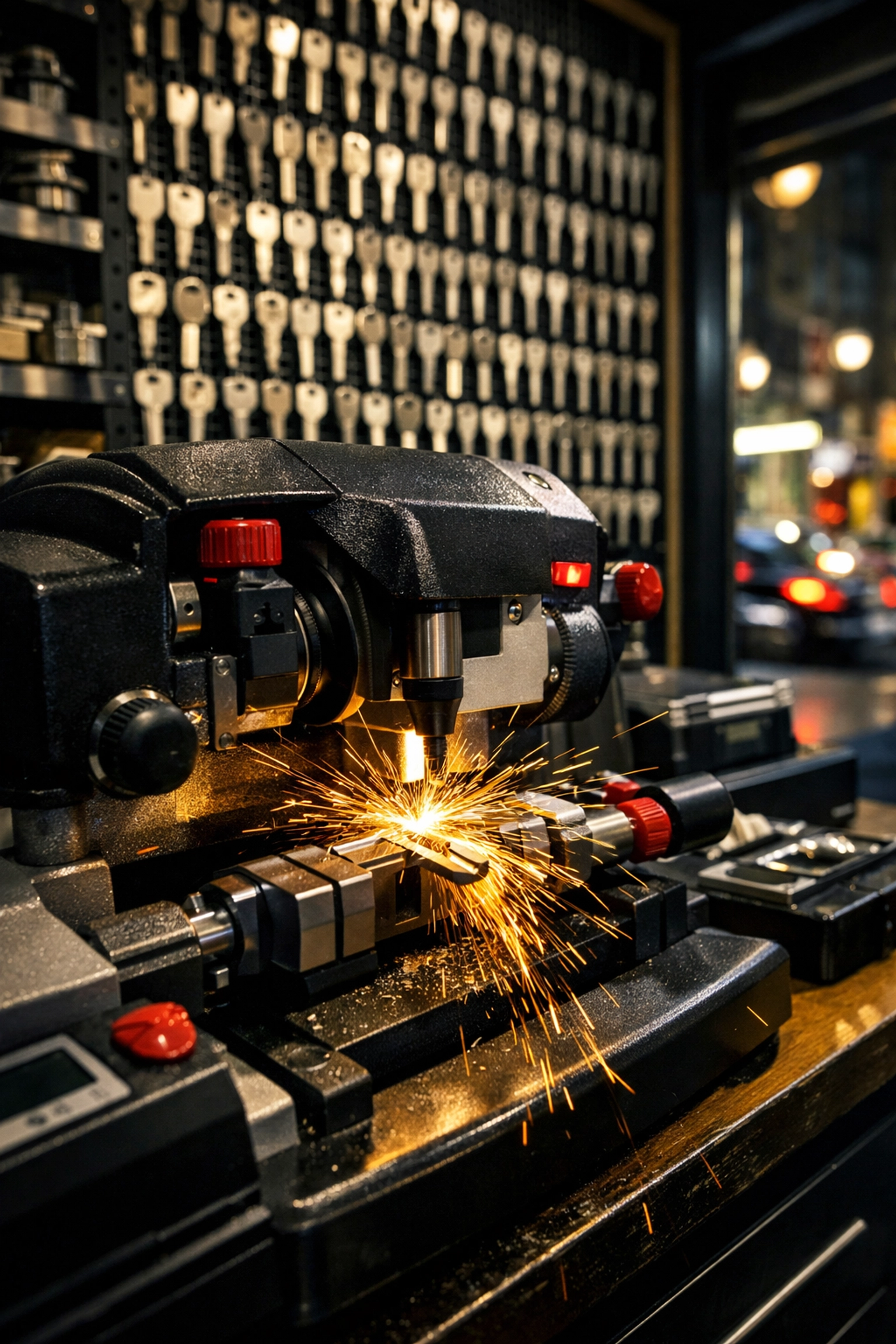 Professional key cutting machine at West 86th locksmith shop making a duplicate car key.