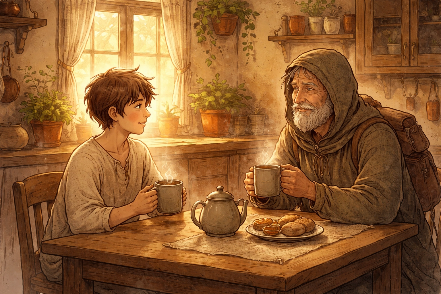 A young person warmly sharing tea with a humble traveler, illustrating kindness and connection.