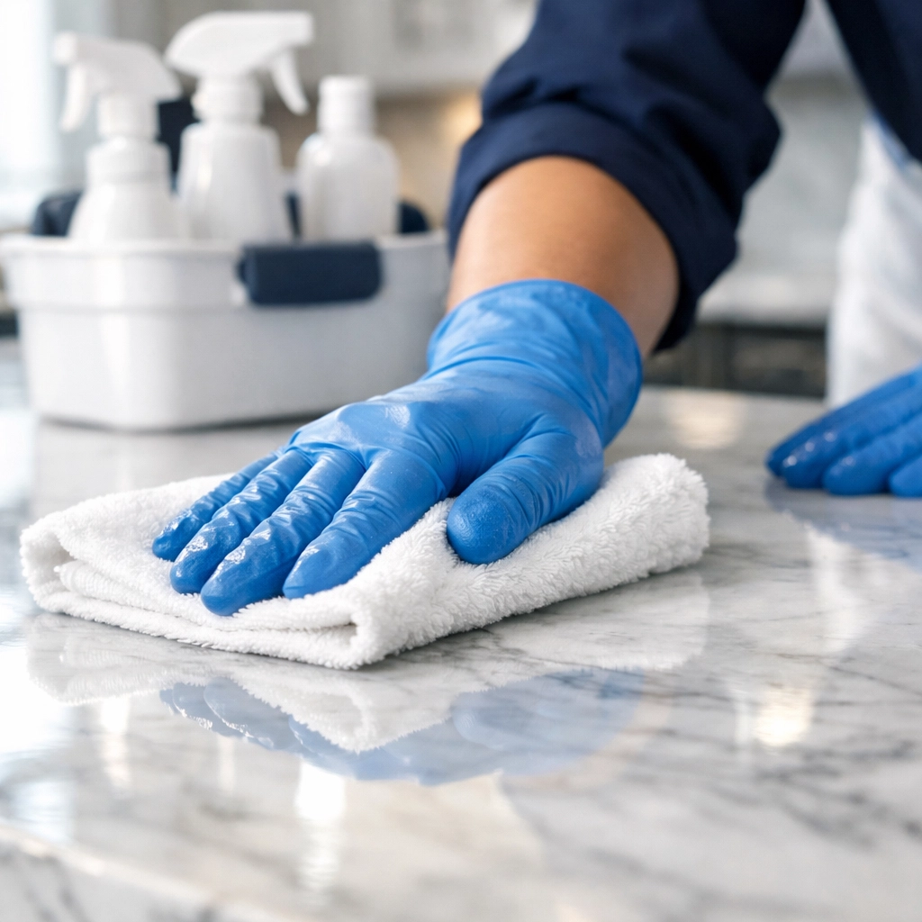 Professional house cleaning in Marlborough technician polishing a marble kitchen counter with meticulous care.