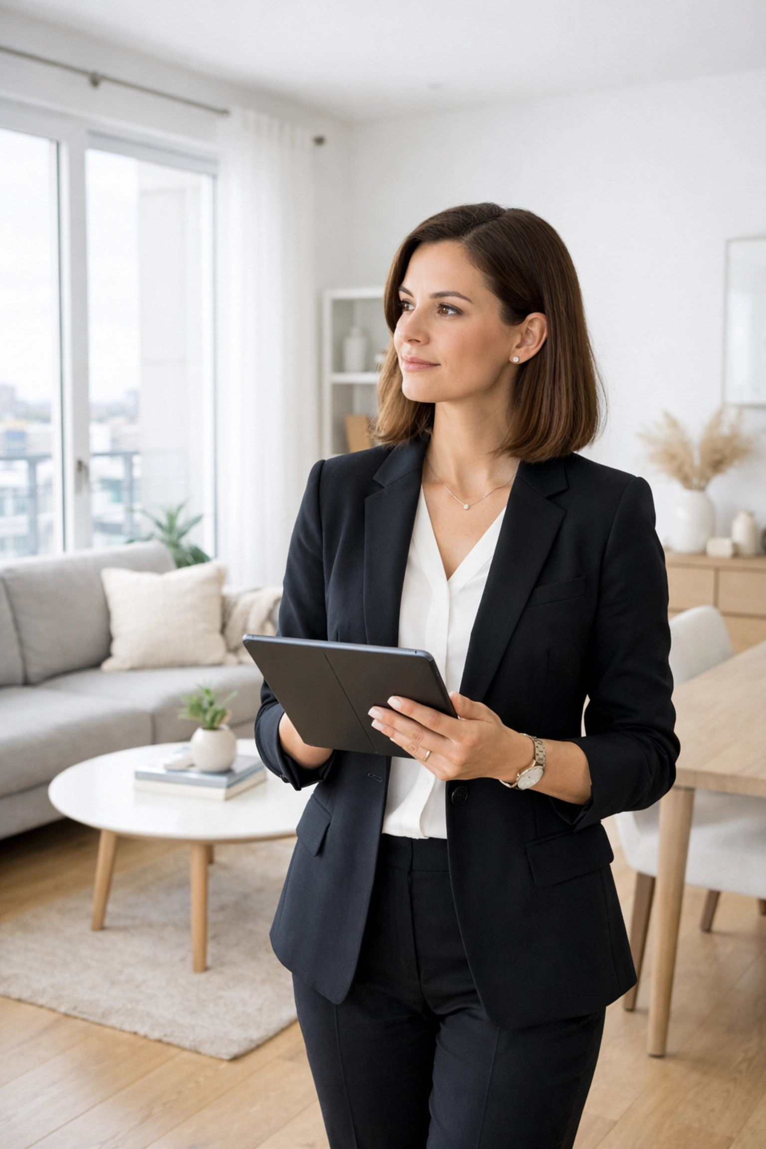 Portfolio manager conducting a pre-move-out apartment inspection using a digital tablet.