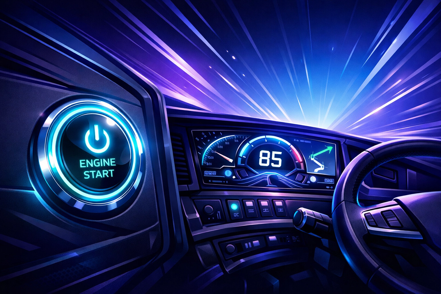 Futuristic truck dashboard and ignition button for Class 1 and Class 2 HGV drivers.