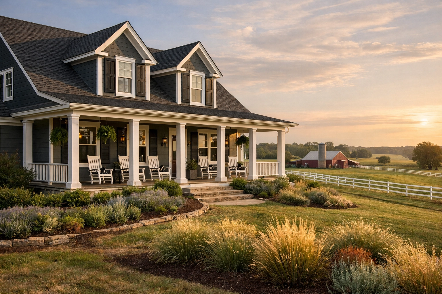 Southern farmhouse with front porch overlooking horse pastures on Waxhaw NC property