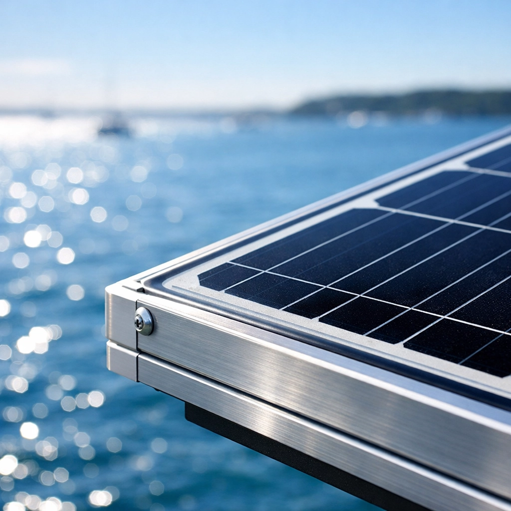 A clean solar panel near Poole Harbour showing the importance of maintenance in coastal environments.