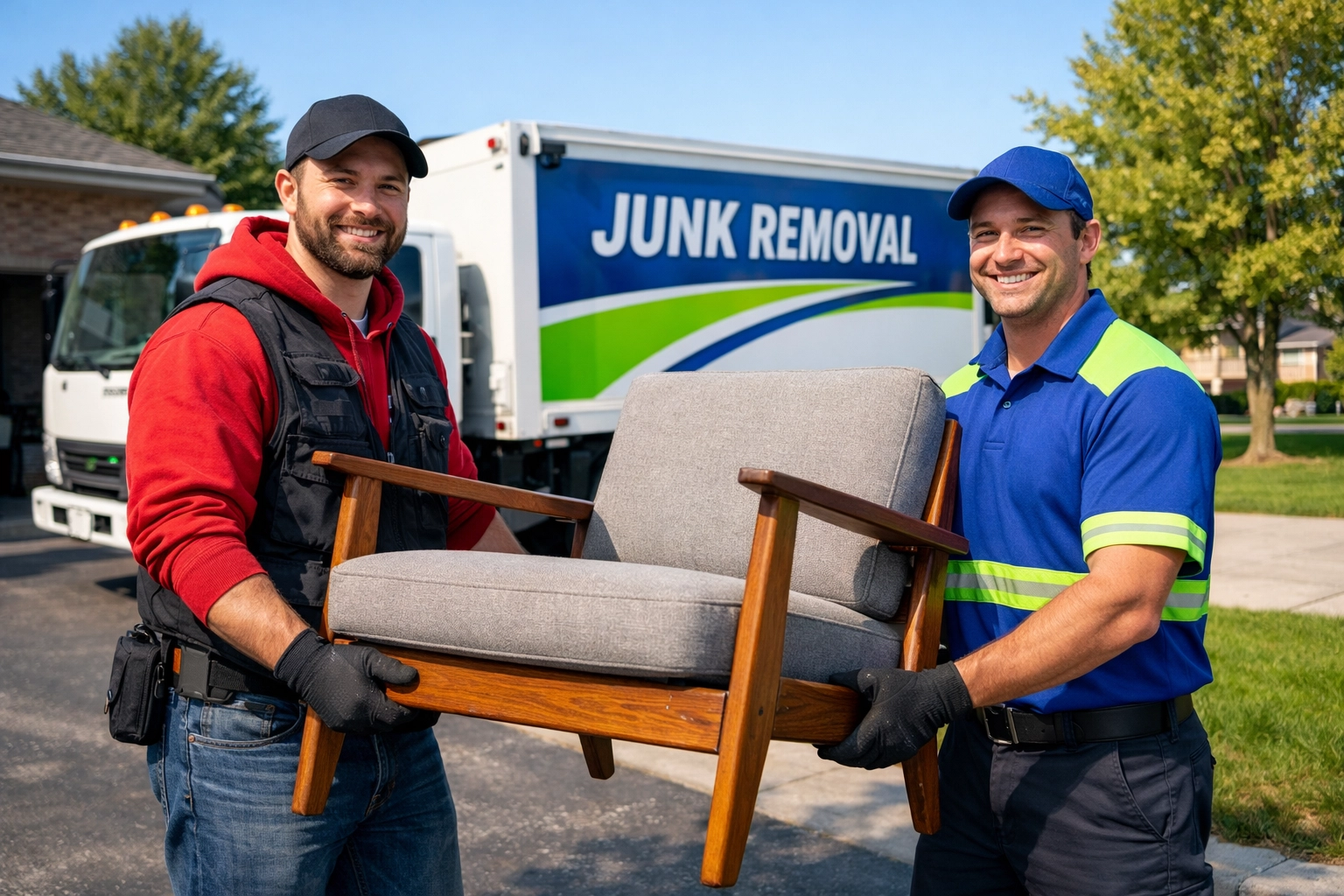 Junk GTA crew in Bradford removing a vintage chair for eco-friendly furniture donation in Simcoe County.