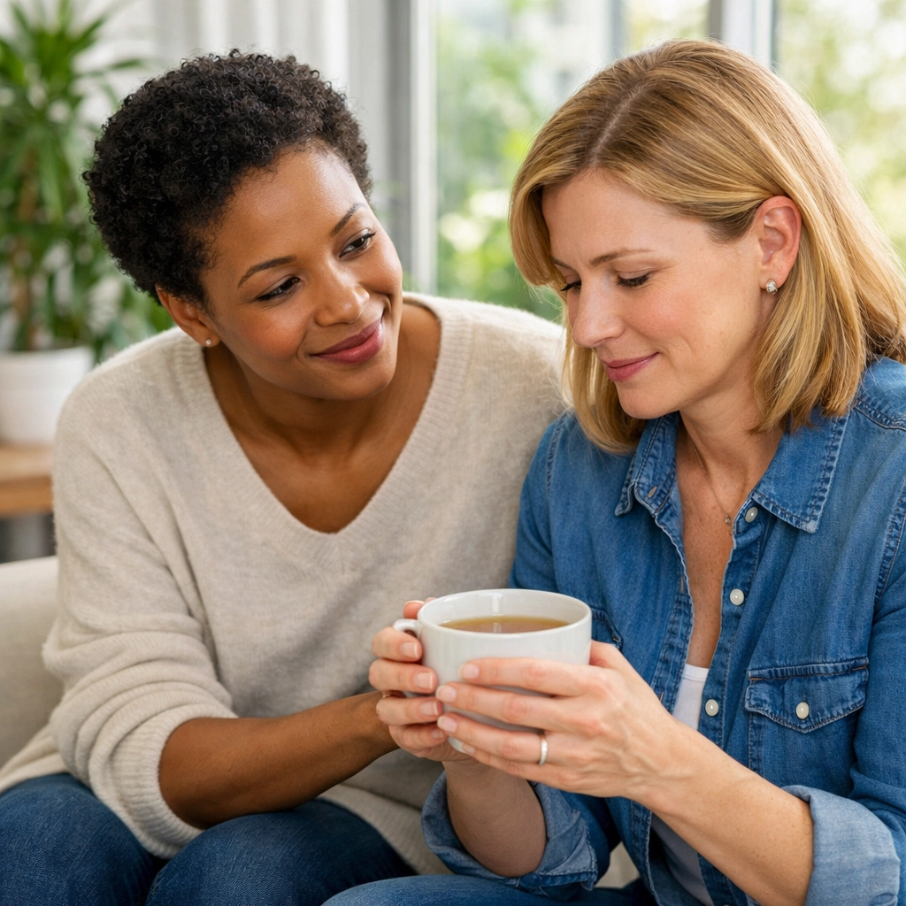 A moment of compassionate connection and listening between two people in a light-filled room.