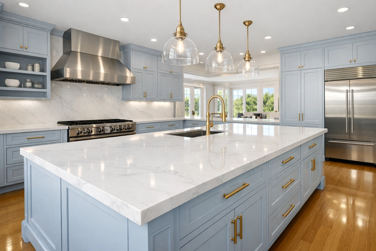 Spotless modern kitchen in Sudbury featuring clean marble countertops and professional maid care.