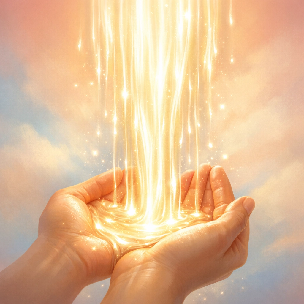 Open hands reaching upward receiving streams of light representing God's grace through faith