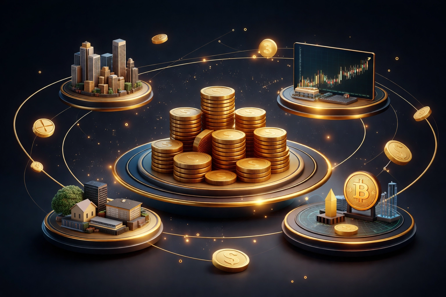 Visual representation of diversified investment portfolio including stocks, real estate, and cryptocurrencies