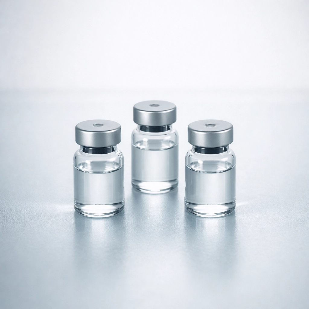 Three laboratory vials illustrating Ret triple-agonist mechanisms for metabolic research.
