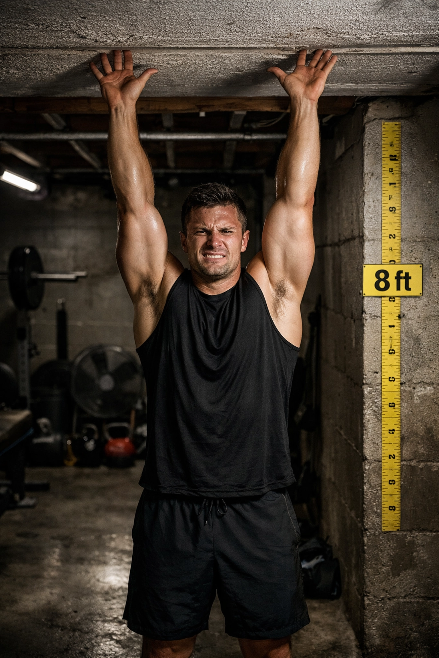 Athlete measuring ceiling height clearance in home gym with arms fully extended overhead