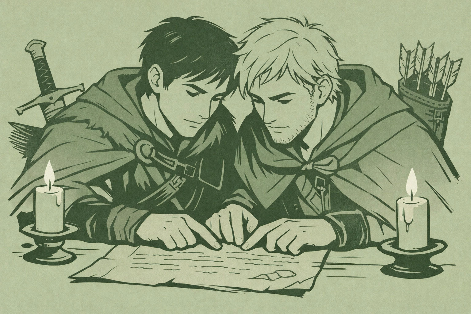 MM fantasy hunters examining ancient contract together by candlelight