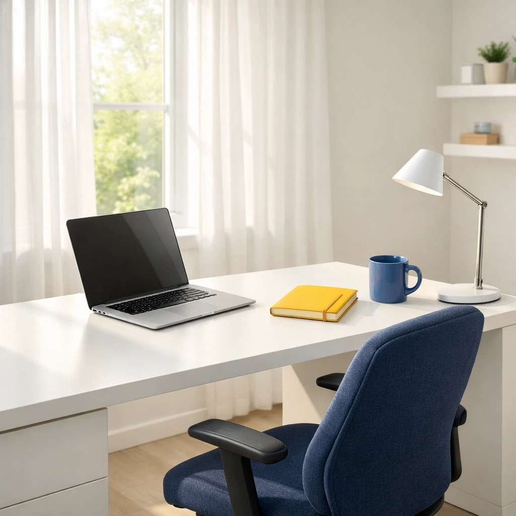 Organized home office with a clean white desk and blue chair showing the ROI of regular housekeeping.