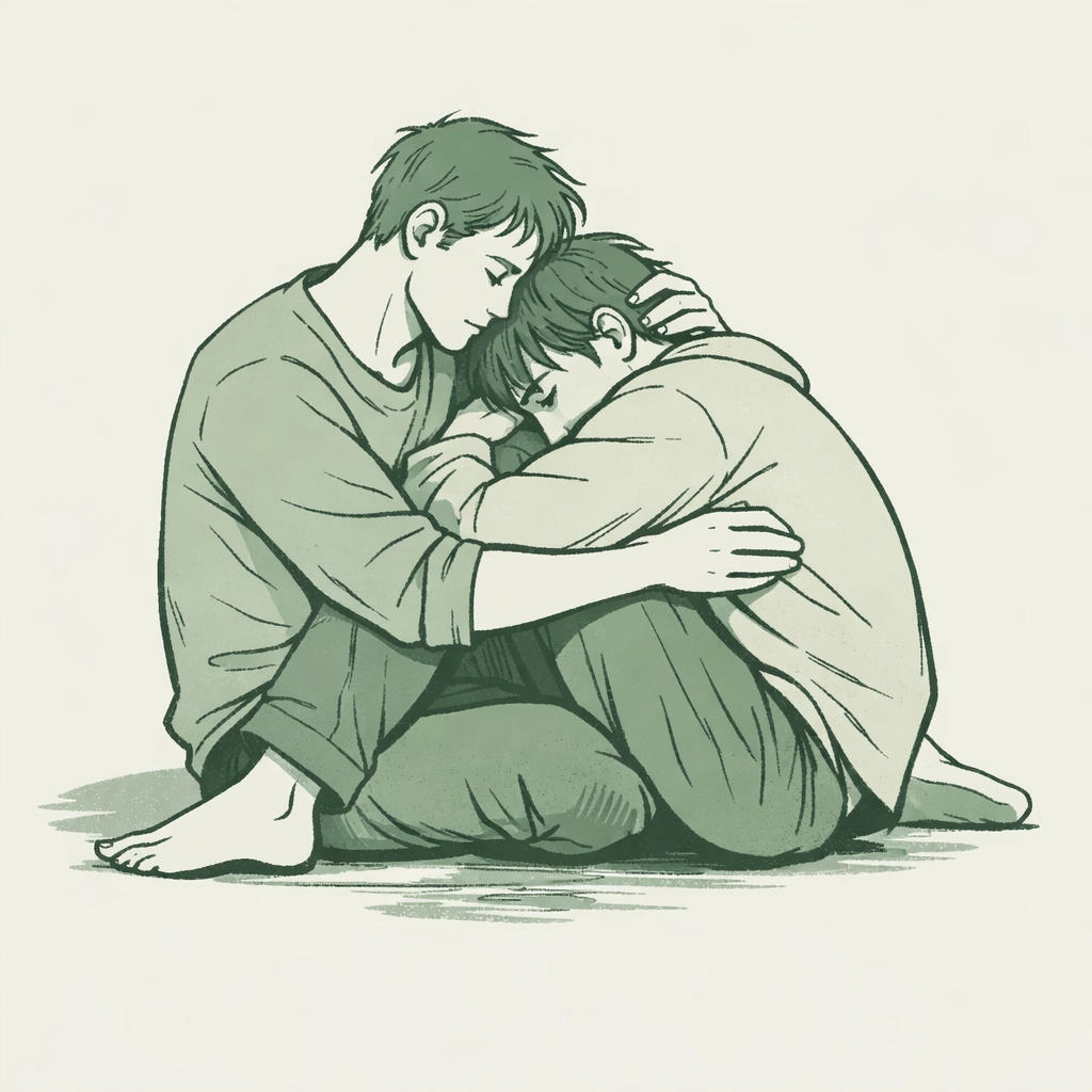 Two men embracing on floor showing deep non-verbal intimacy in gay romance