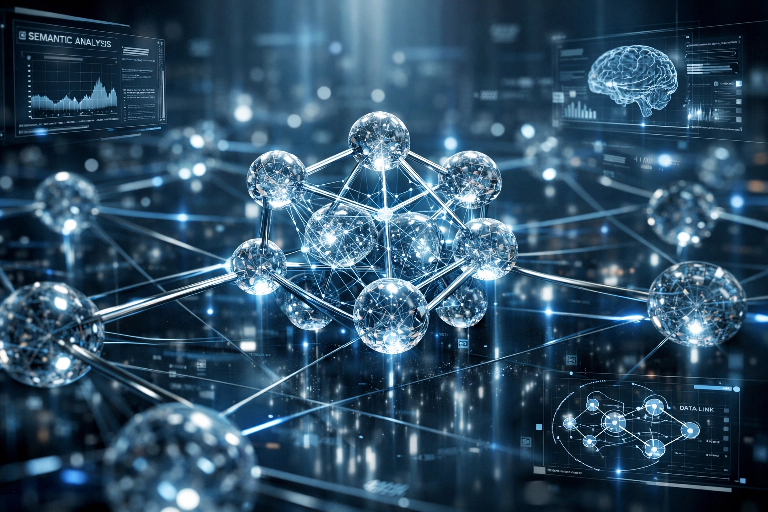 Futuristic network visualization showing strategic WordPress website design for AI search visibility.