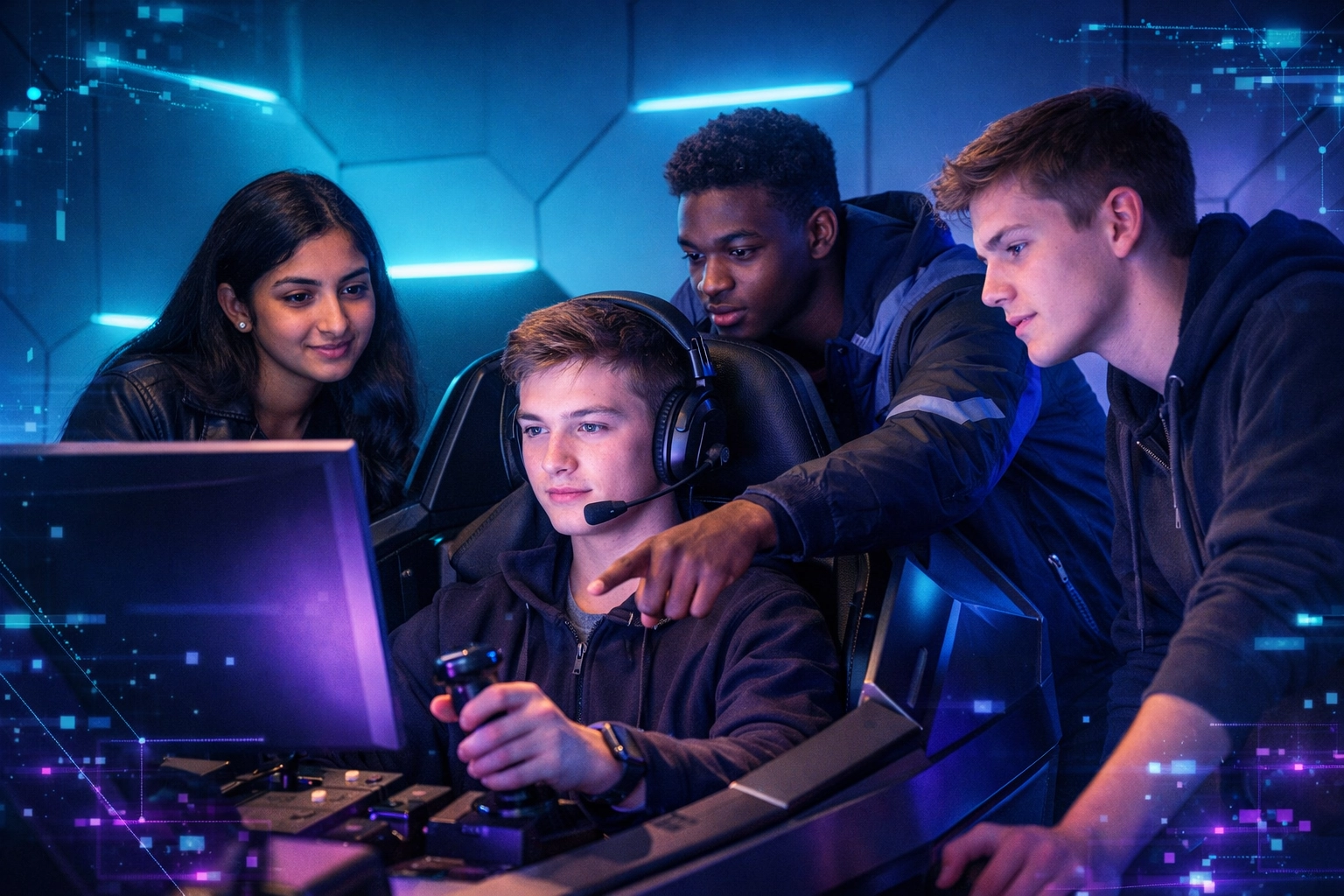 Diverse Gen Z students in a high-tech simulation lab developing skills through an esports talent funnel.