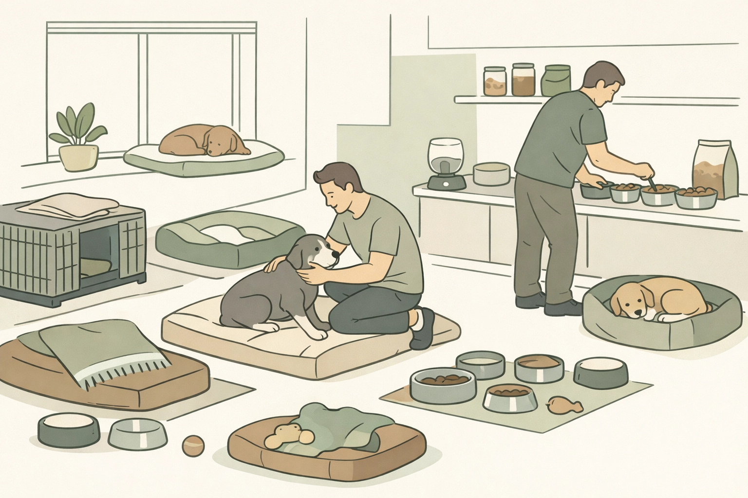 Two men caring for senior dogs inside their home-based rescue sanctuary