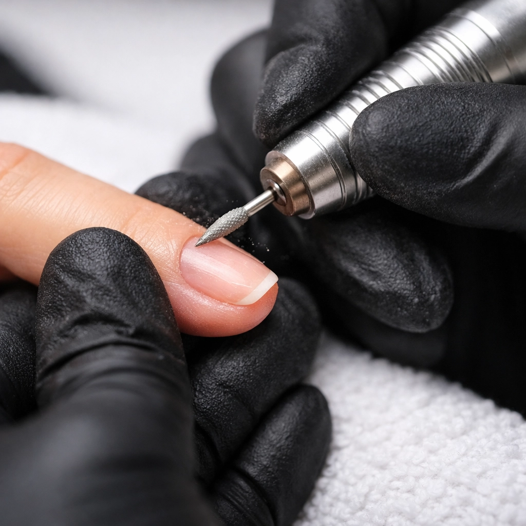 Professional Russian manicure technique showing precision e-file cuticle work at Westwood salon