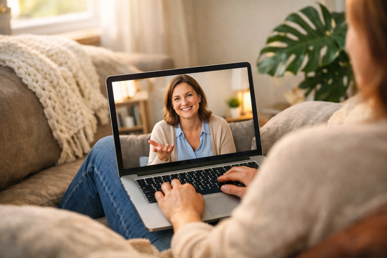 A virtual telehealth therapy session helping a client with emotional eating recovery.