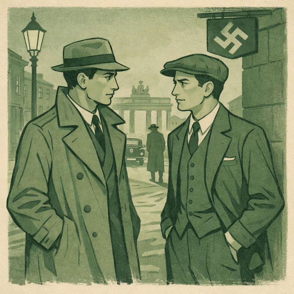 Historical gay romance scene with two men in 1930s Berlin showing forbidden connection