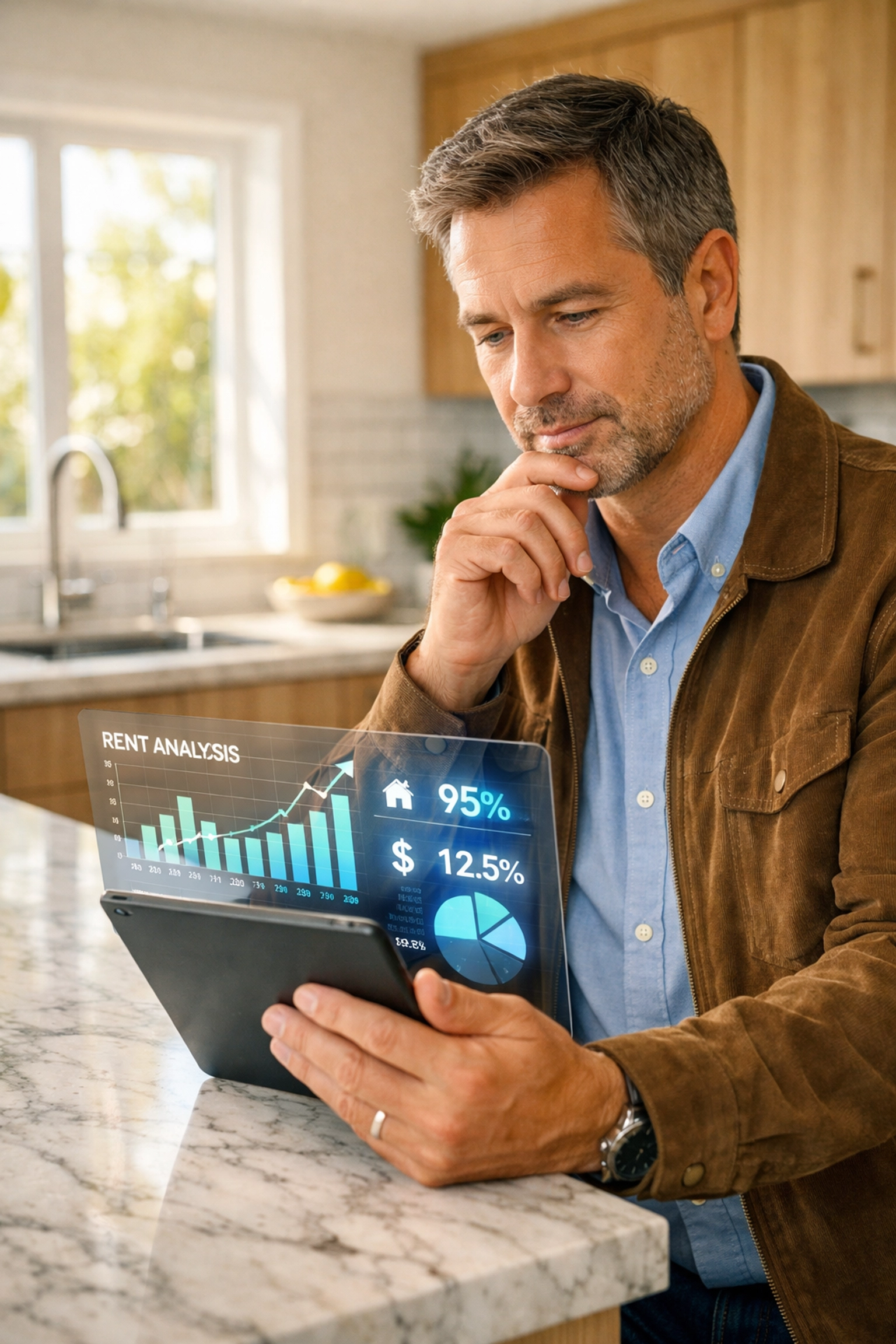 Landlord reviewing digital property valuation data on a tablet in a modern upgraded kitchen.