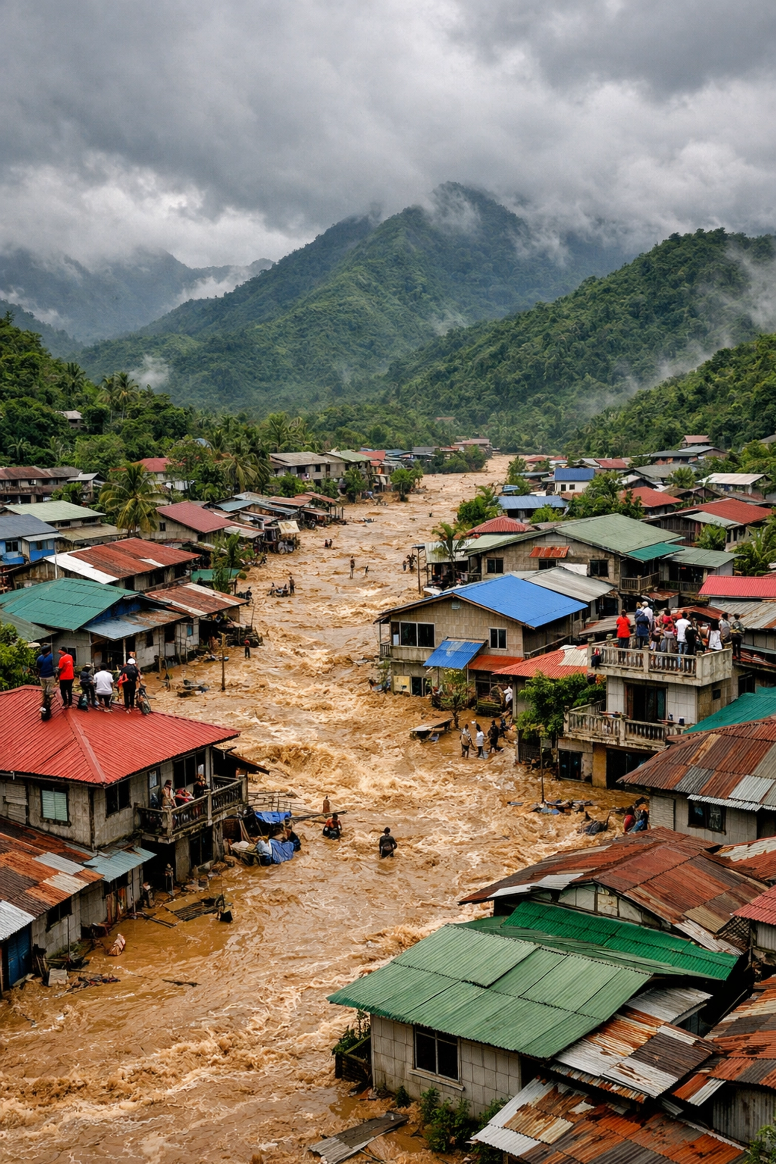 Aerial view of flooded Colombian village with muddy waters and mountain backdrop