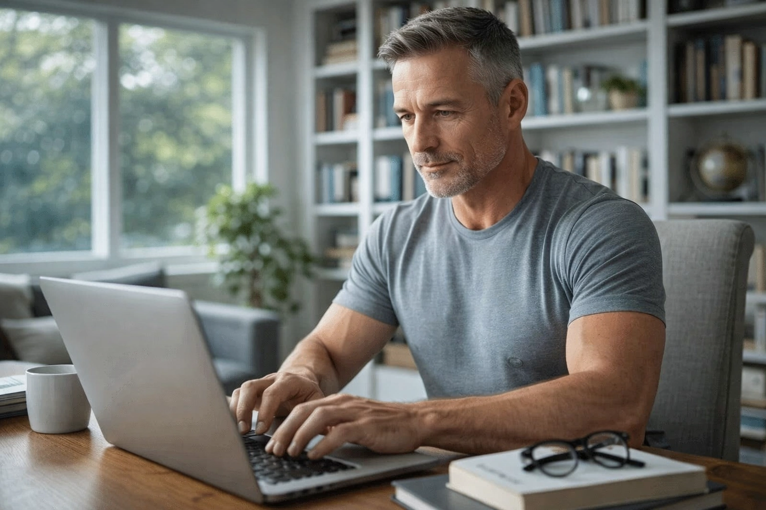 A man in a home office looking focused and sharp, representing cognitive health