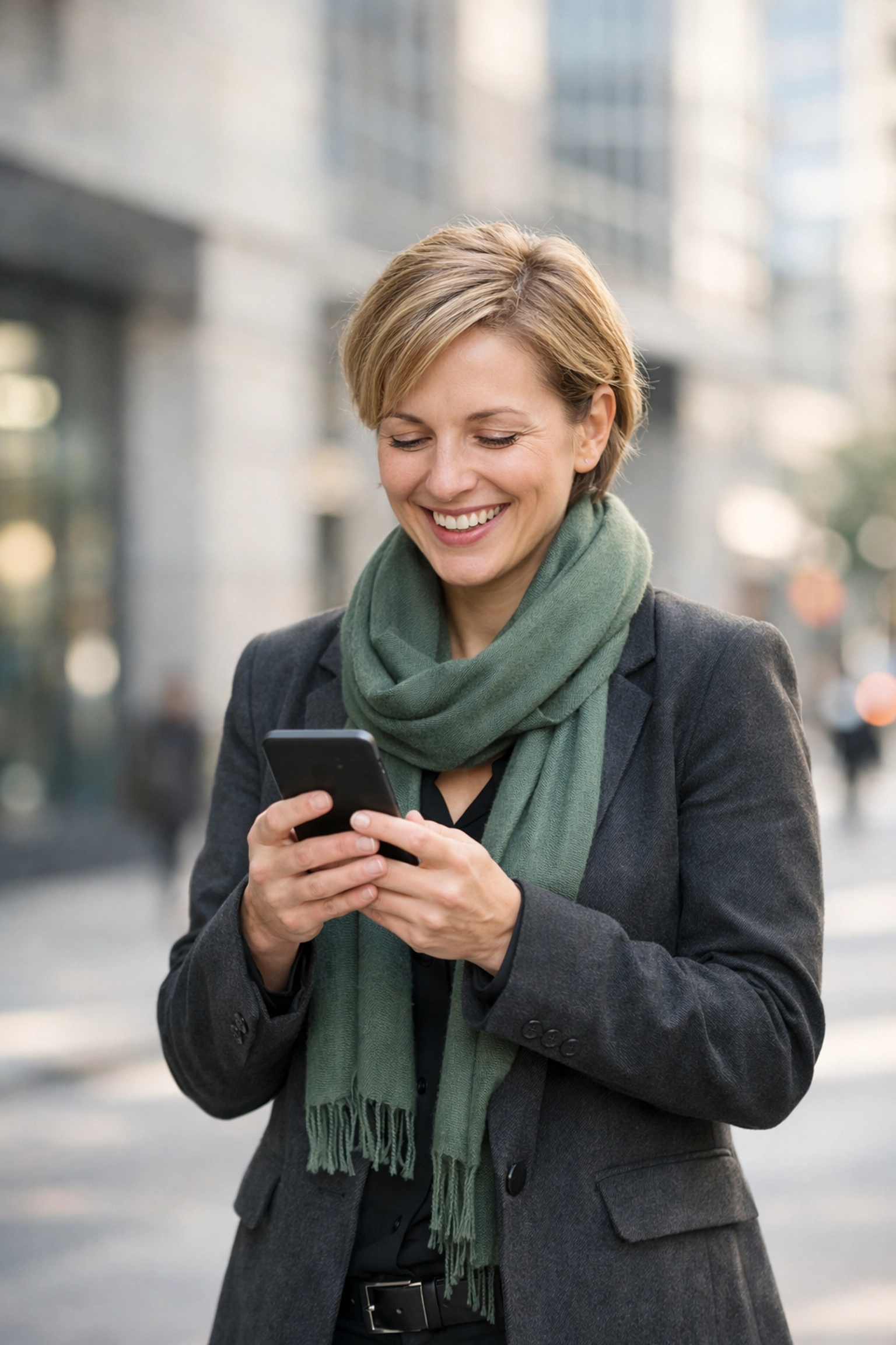 Happy customer using a phone to apply for a payday loan online Alberta with Get My Pay Today.