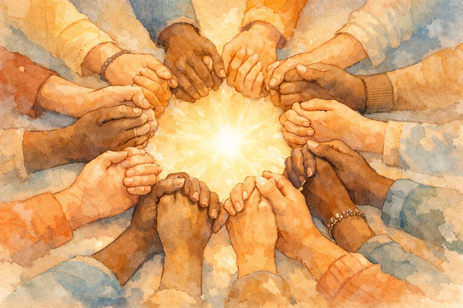 Diverse hands joined in prayer circle representing Christian community unity and faith