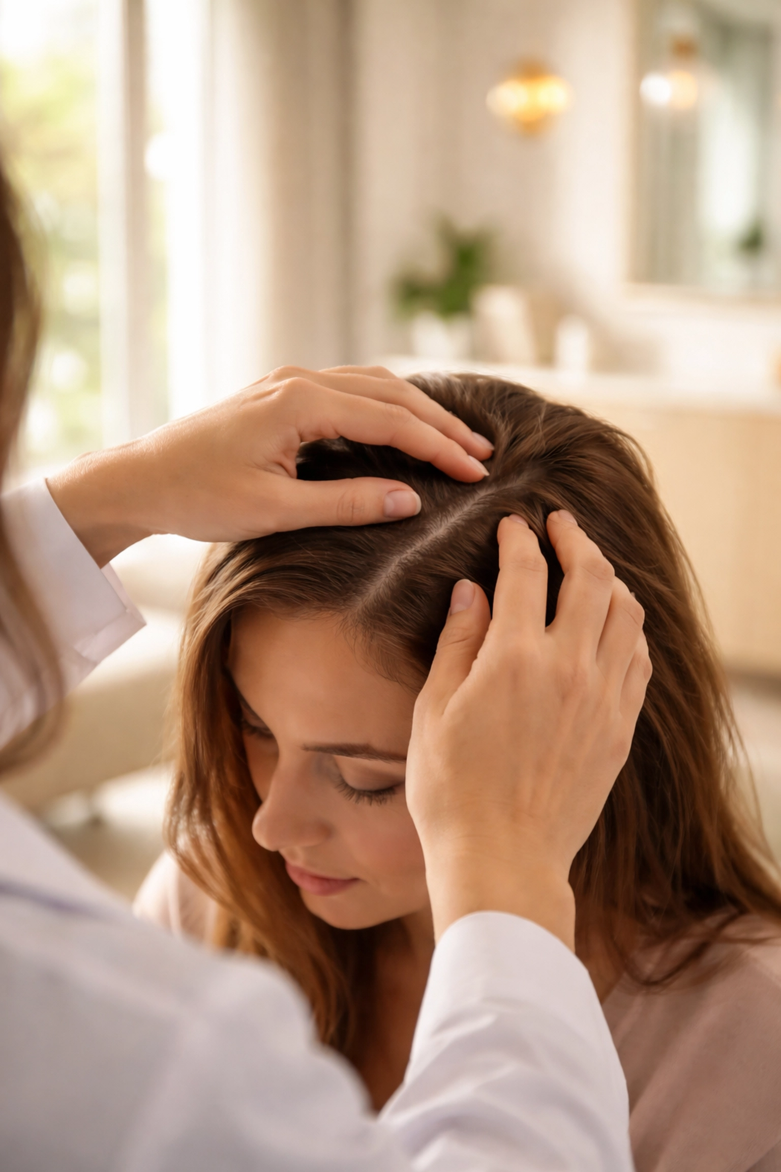 Medical professional examines patient's scalp during Albuquerque hair restoration consultation