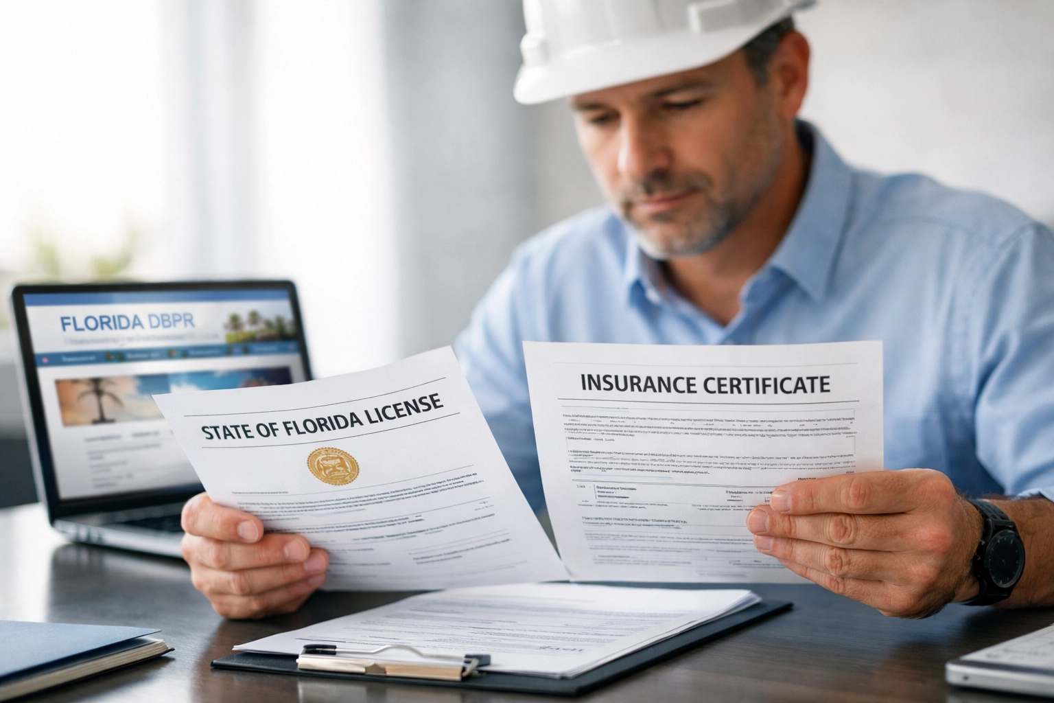Orlando contractor reviewing licensing and insurance documents at desk
