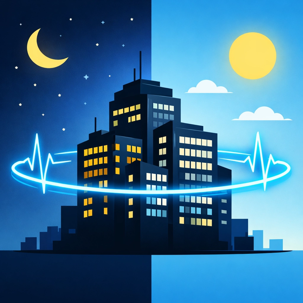 An office building under a day and night sky showing the importance of 24/7 managed cybersecurity monitoring.