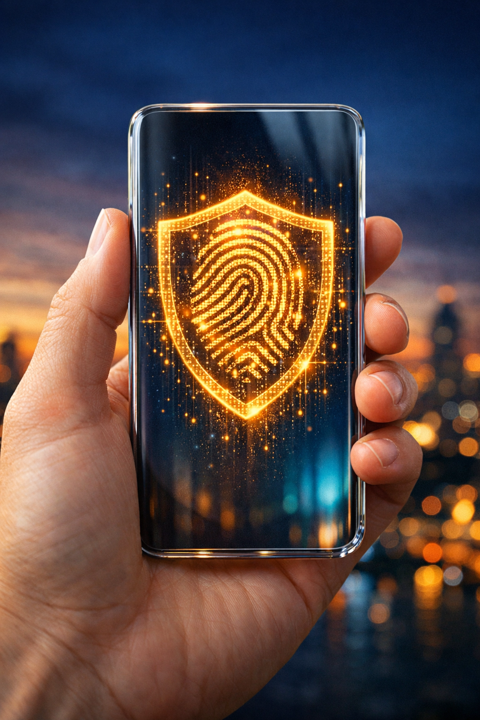Golden digital security shield on a smartphone screen representing safe personal finance trends in 2026.
